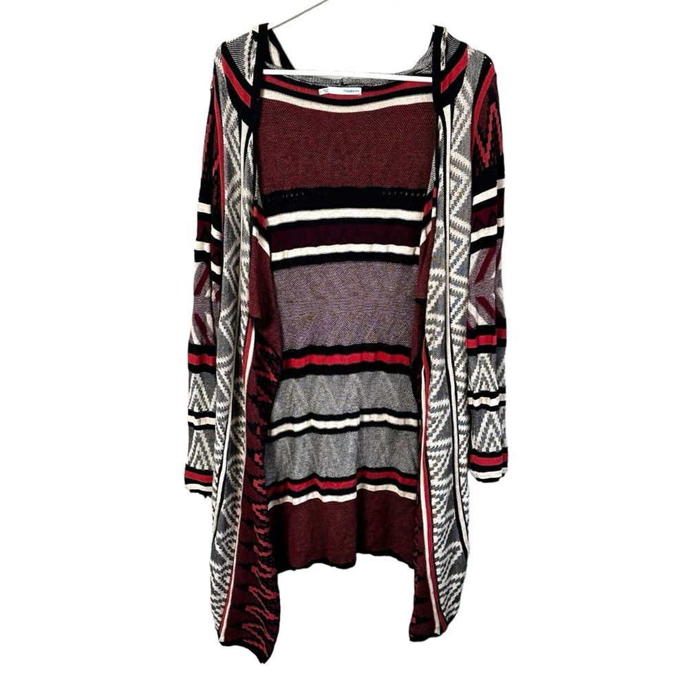Maurices Sweater Women's Size Large Maroon Open Cardigan Hooded Aztec